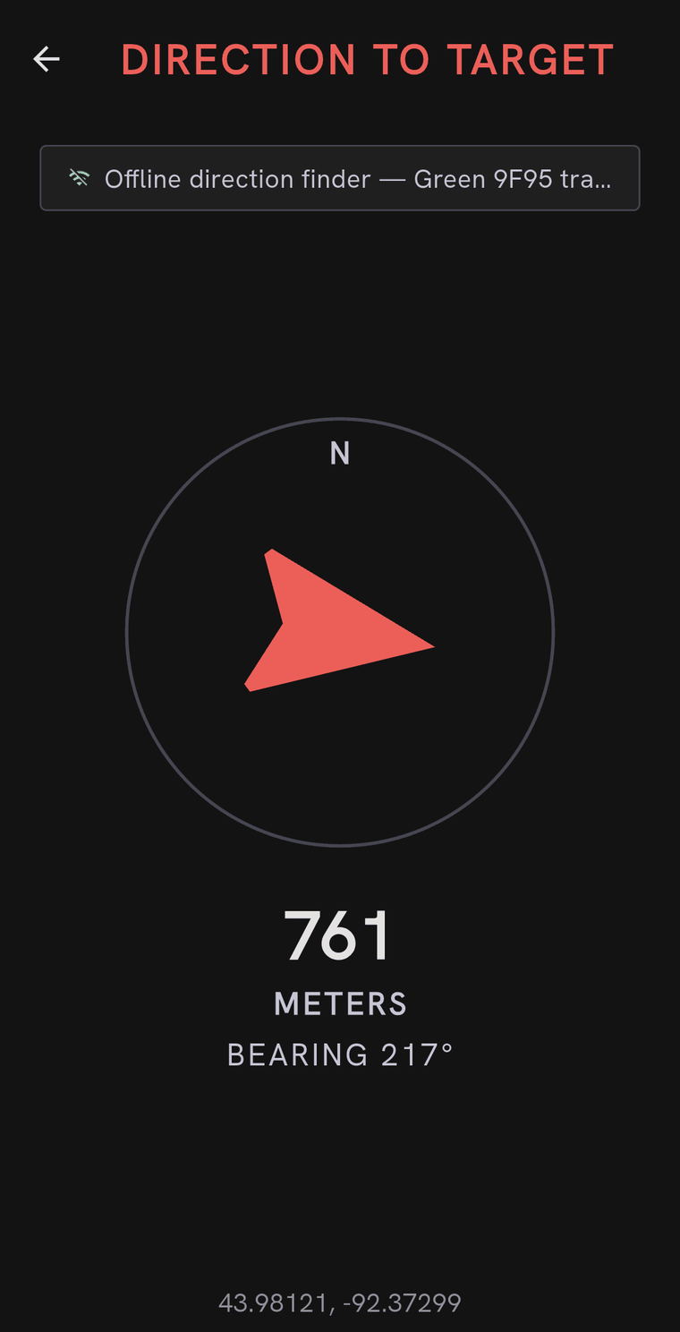 A full-screen direction finder headed DIRECTION TO TARGET, with an offline direction finder label naming Green 9F95 tracker, a large arrow in a compass circle, and a reading of 761 metres, bearing 217 degrees.