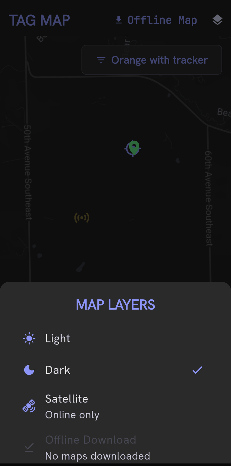 The Map Layers sheet with Light, Dark selected with a tick, Satellite marked Online only, and Offline Download showing no maps downloaded.