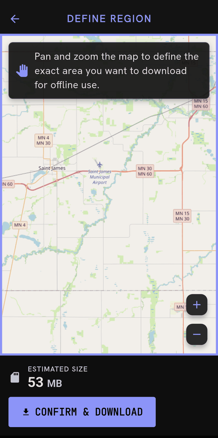 A screen headed DEFINE REGION showing a light map of farmland around Saint James with a hint to pan and zoom to define the area, an estimated size of 53 MB, and a CONFIRM & DOWNLOAD button.