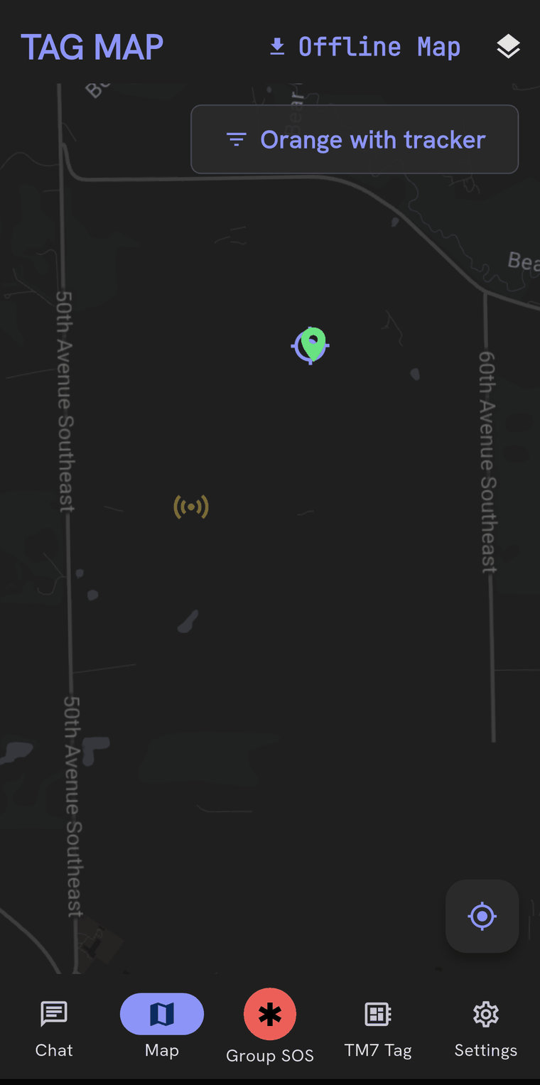 The Tag Map filtered to the room Orange with tracker, showing one peer pin and a separate tracker icon on a dark street map.