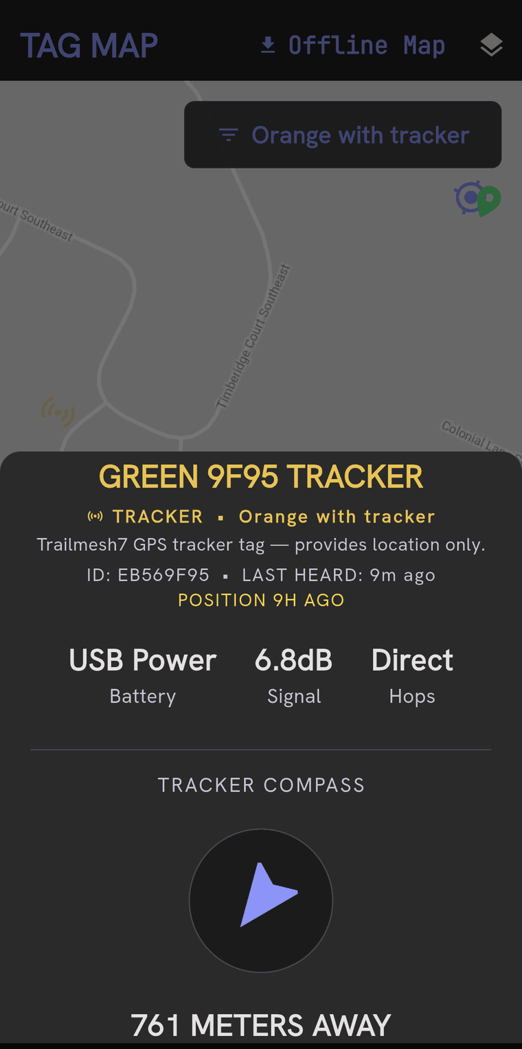 A detail card for GREEN 9F95 TRACKER, labelled TRACKER and the room Orange with tracker, with its ID, last heard nine minutes ago, a warning that the position is nine hours old, USB power, 6.8 dB signal, Direct hops, and a tracker compass reading 761 metres away.