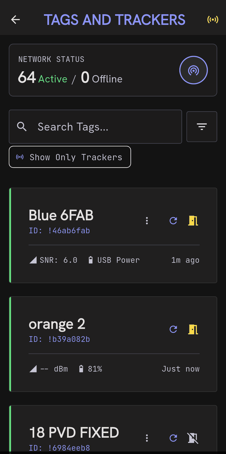 The Tags and Trackers screen showing 64 active and 0 offline, a search box, a Show Only Trackers filter, and tag entries with their IDs, signal-to-noise ratios, power source and when they were last heard.