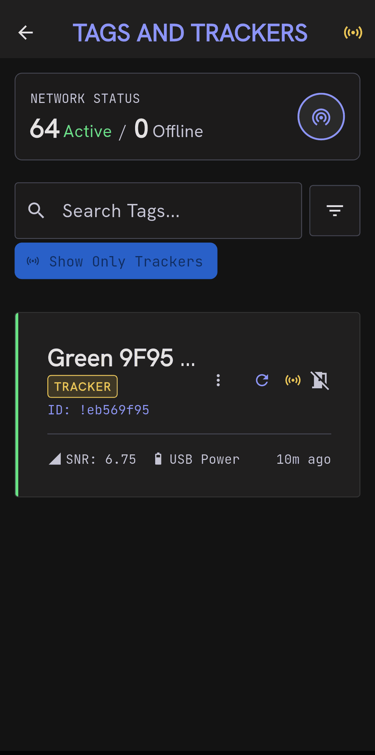 The same screen with Show Only Trackers switched on, leaving a single entry, Green 9F95, badged TRACKER.