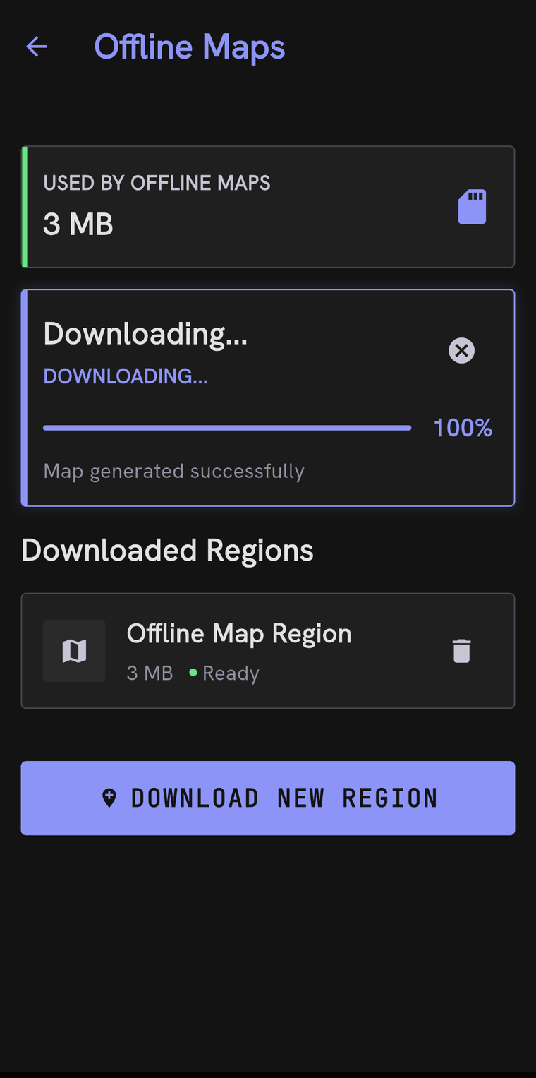 The Offline Maps screen showing 3 MB used, a completed download at 100 per cent reading Map generated successfully, one downloaded region listed as Ready, and a DOWNLOAD NEW REGION button.
