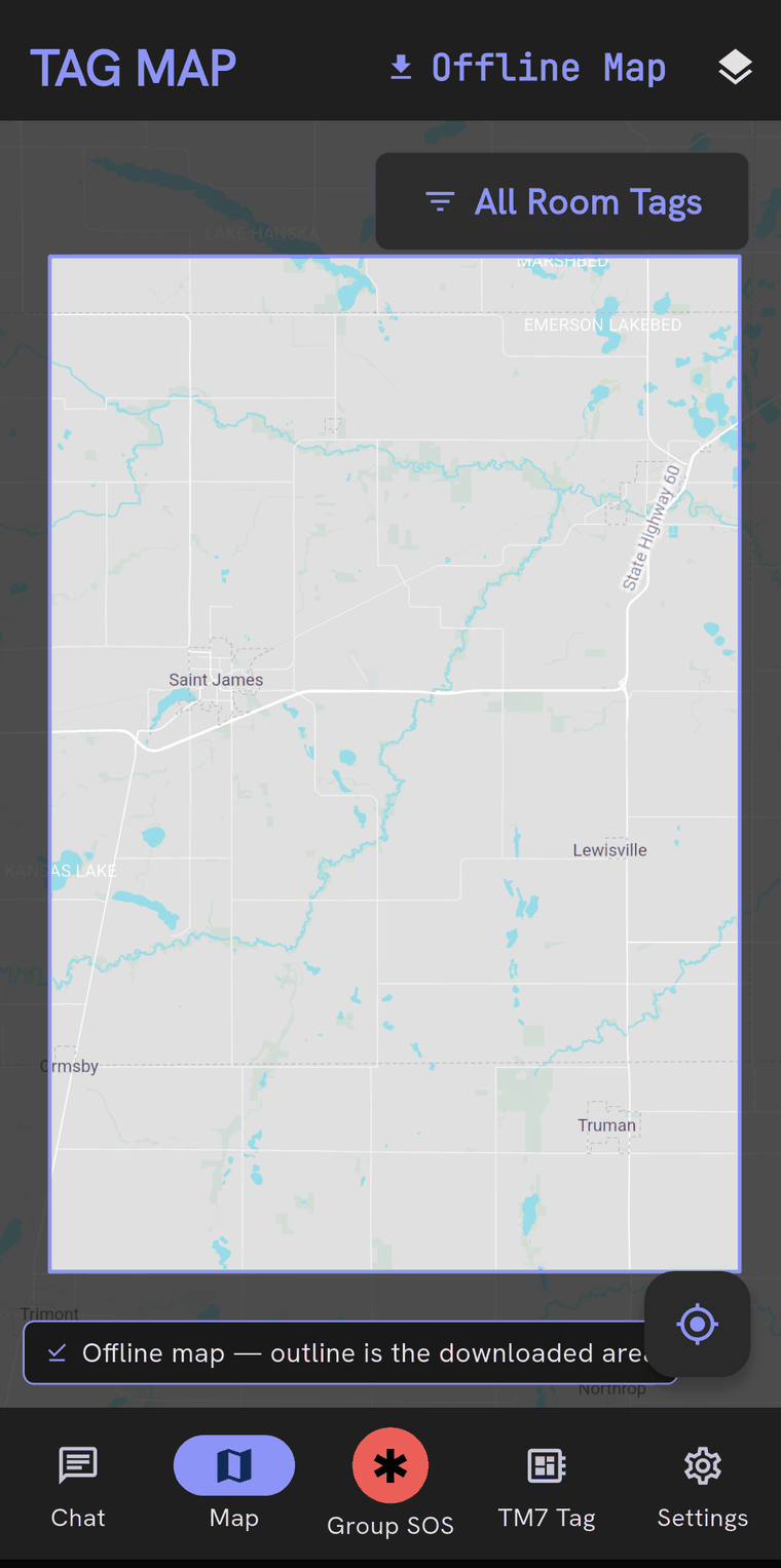 The Tag Map drawing a downloaded light-styled region around Saint James, Lewisville and Truman, with a blue rectangle marking the edges of the downloaded area and a banner reading Offline map, outline is the downloaded area.