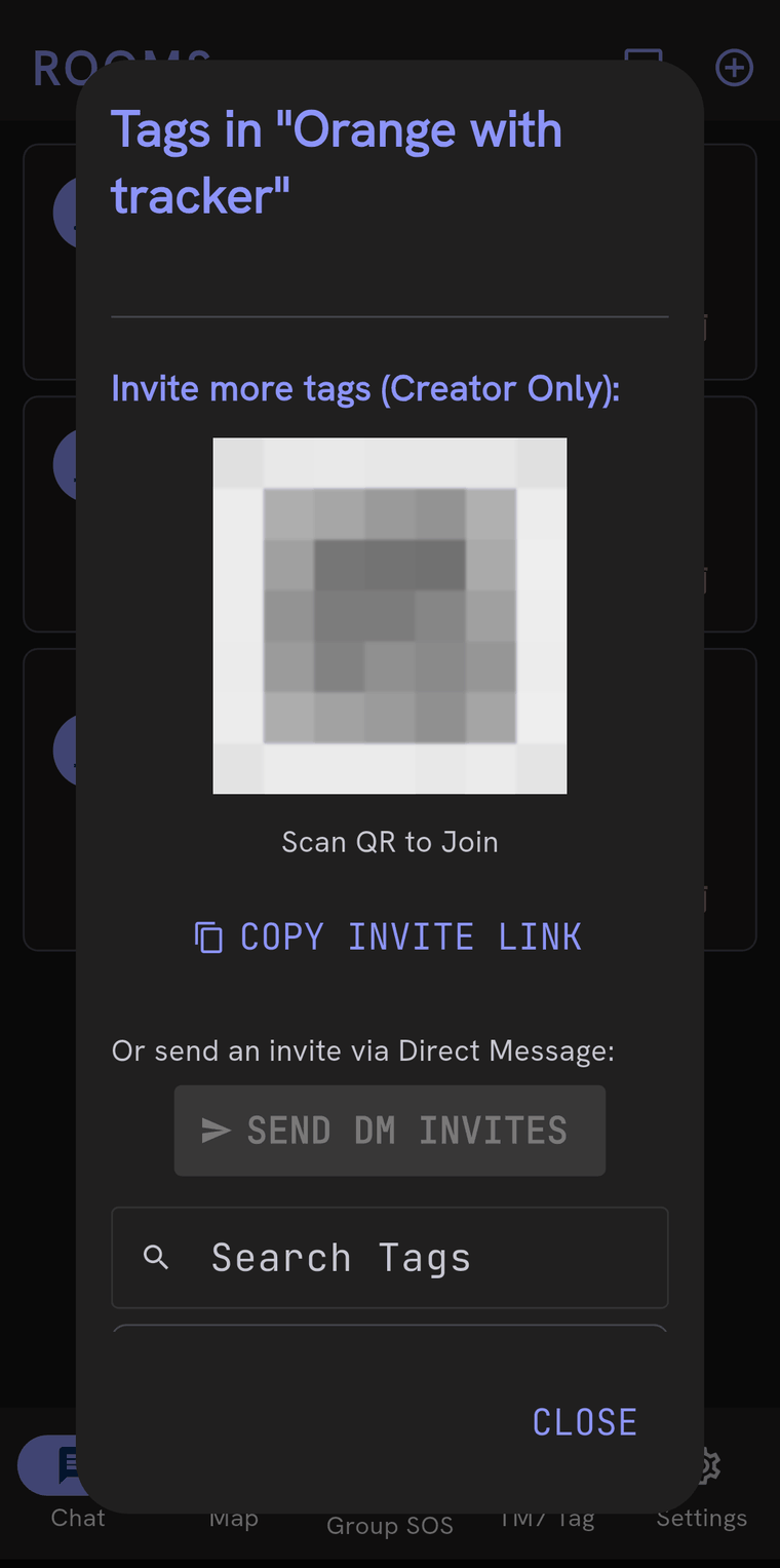 The invite half of the same sheet: a QR code under the heading Invite more tags, Creator Only, with COPY INVITE LINK below it and a SEND DM INVITES button with a tag search box.