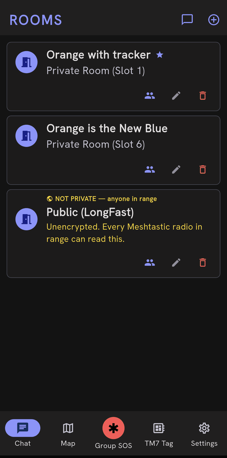 The Rooms list with two private rooms, Orange with tracker on slot 1 and Orange is the New Blue on slot 6, and below them Public (LongFast) marked NOT PRIVATE with a warning that every Meshtastic radio in range can read it.