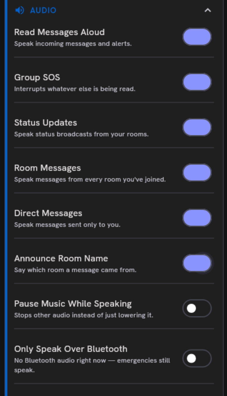The Audio card in Settings, with switches for Read Messages Aloud, Group SOS, Status Updates, Room Messages, Direct Messages, Announce Room Name, Pause Music While Speaking and Only Speak Over Bluetooth.