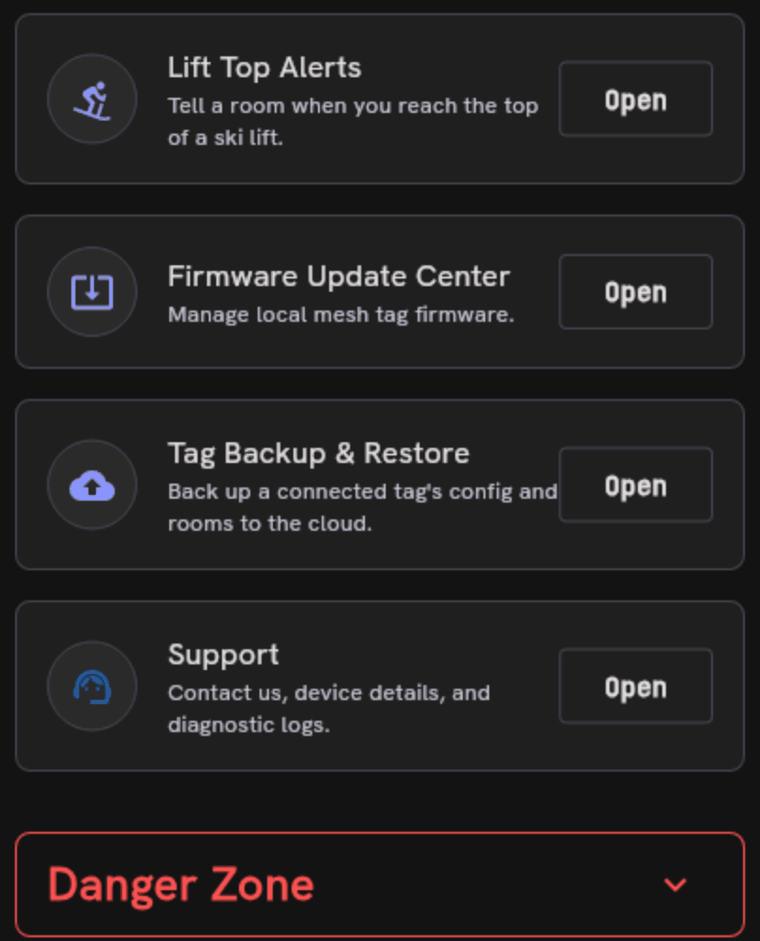 The lower half of the Settings screen, with collapsed Audio and Voice cards and entries for Lift Top Alerts, Firmware Update Center, Tag Backup and Restore, Support, and a red Danger Zone.