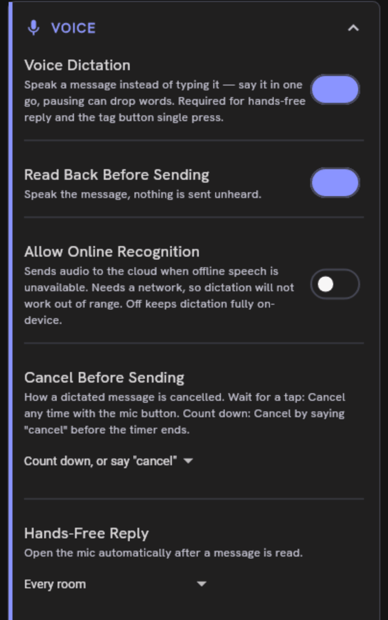The Voice card in Settings, showing Voice Dictation, Read Back Before Sending, Allow Online Recognition, Cancel Before Sending set to count down, and Hands-Free Reply set to every room.