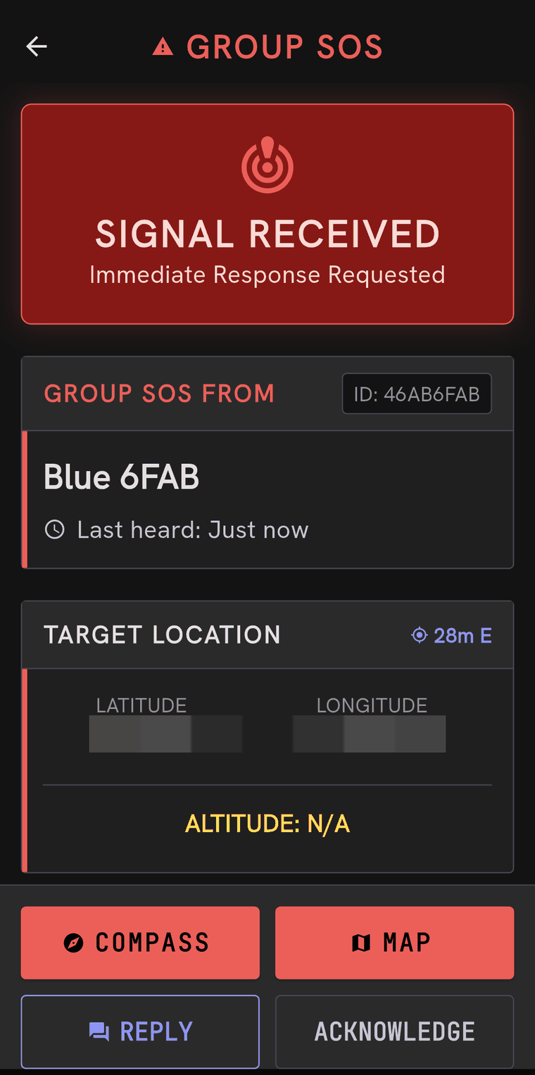 An incoming Group SOS reading SIGNAL RECEIVED, Immediate Response Requested, naming the sender Blue 6FAB heard just now, a target location panel with its coordinates obscured, and buttons for COMPASS, MAP, REPLY and ACKNOWLEDGE.