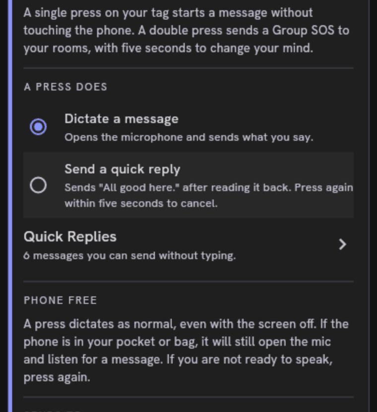 The tag button section of the Voice card, with A PRESS DOES set to Dictate a message rather than Send a quick reply, a link to Quick Replies, and a PHONE FREE paragraph describing what a press does with the screen off.